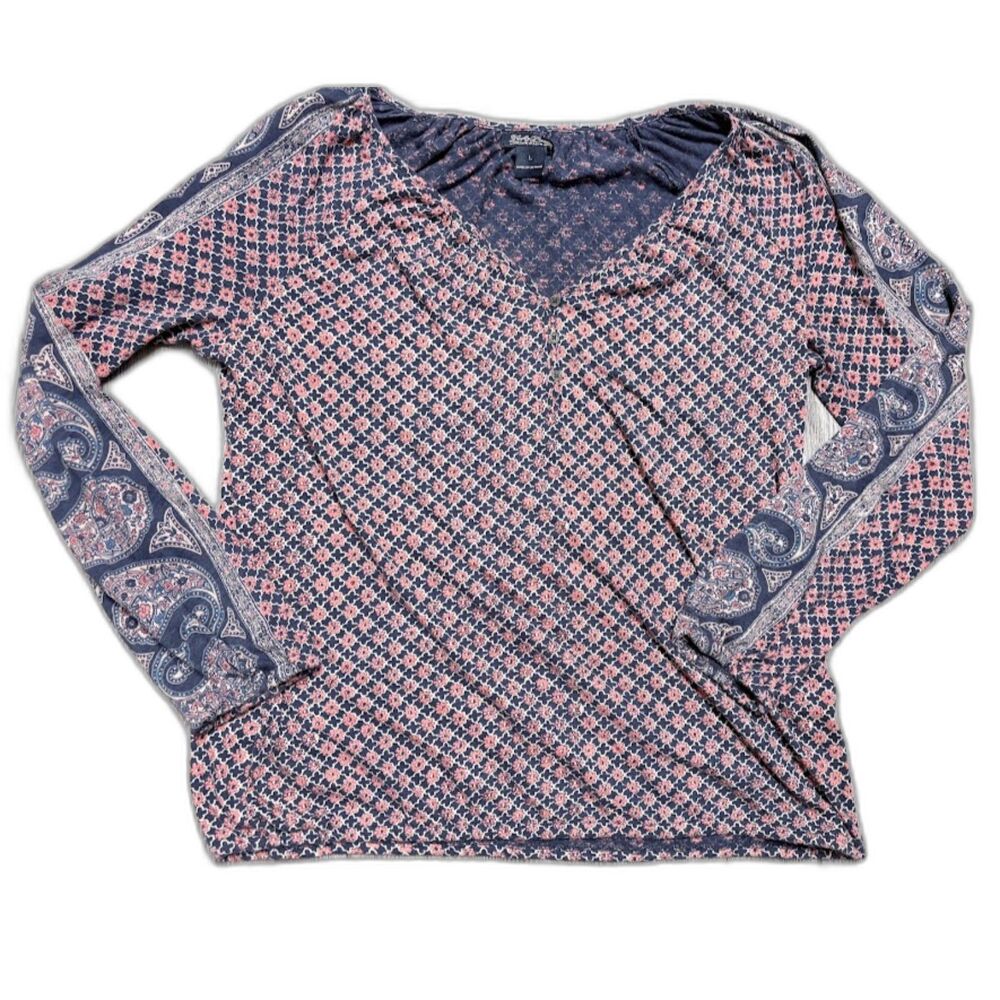 Lucky Brand Top L Blue Pink Floral Paisley Long Sleeve V-Neck Bohochic Casual